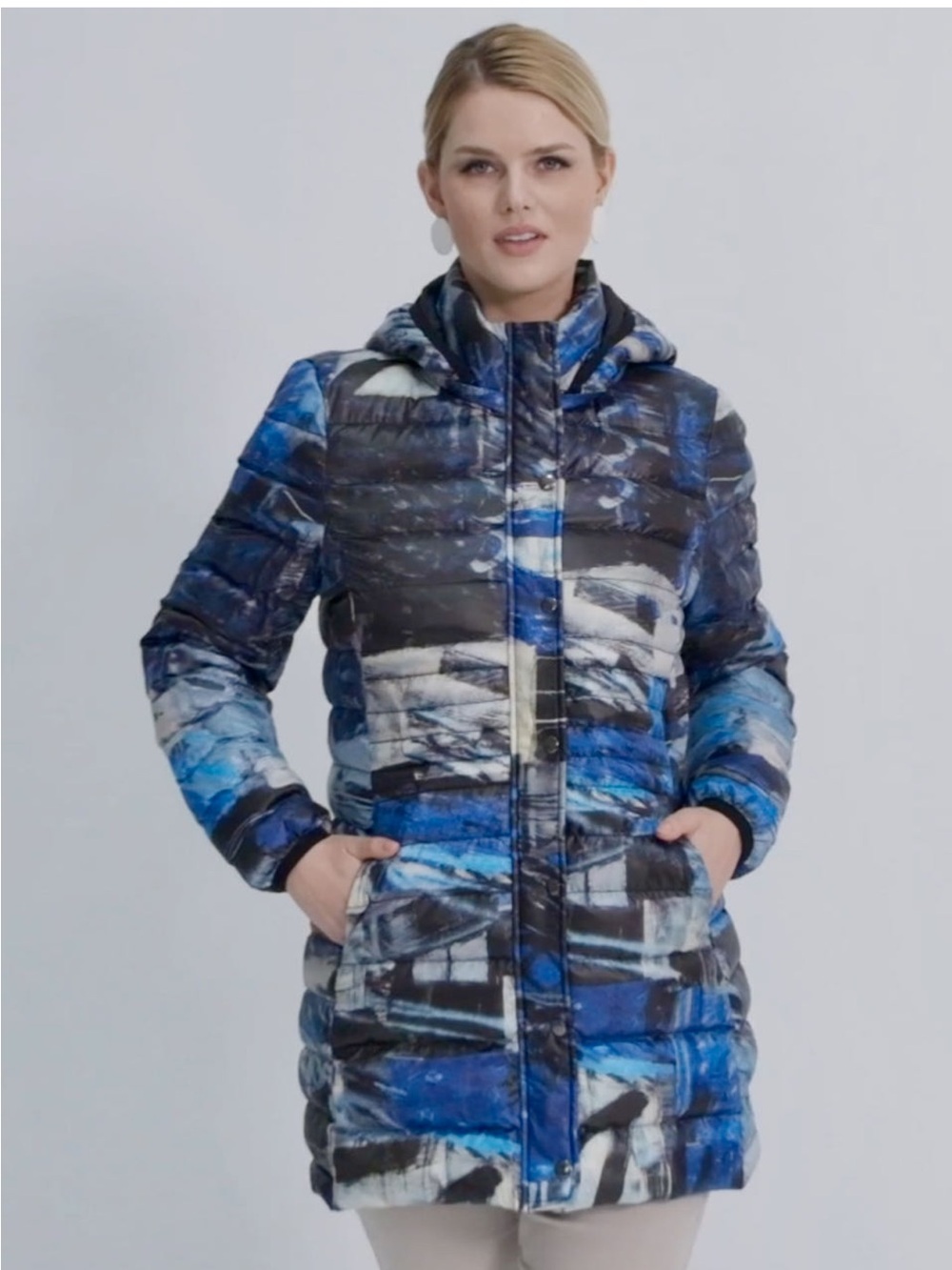 DOLCEZZA Women's Blue Abstract Hooded Long Puffer Coat LIKE NEW